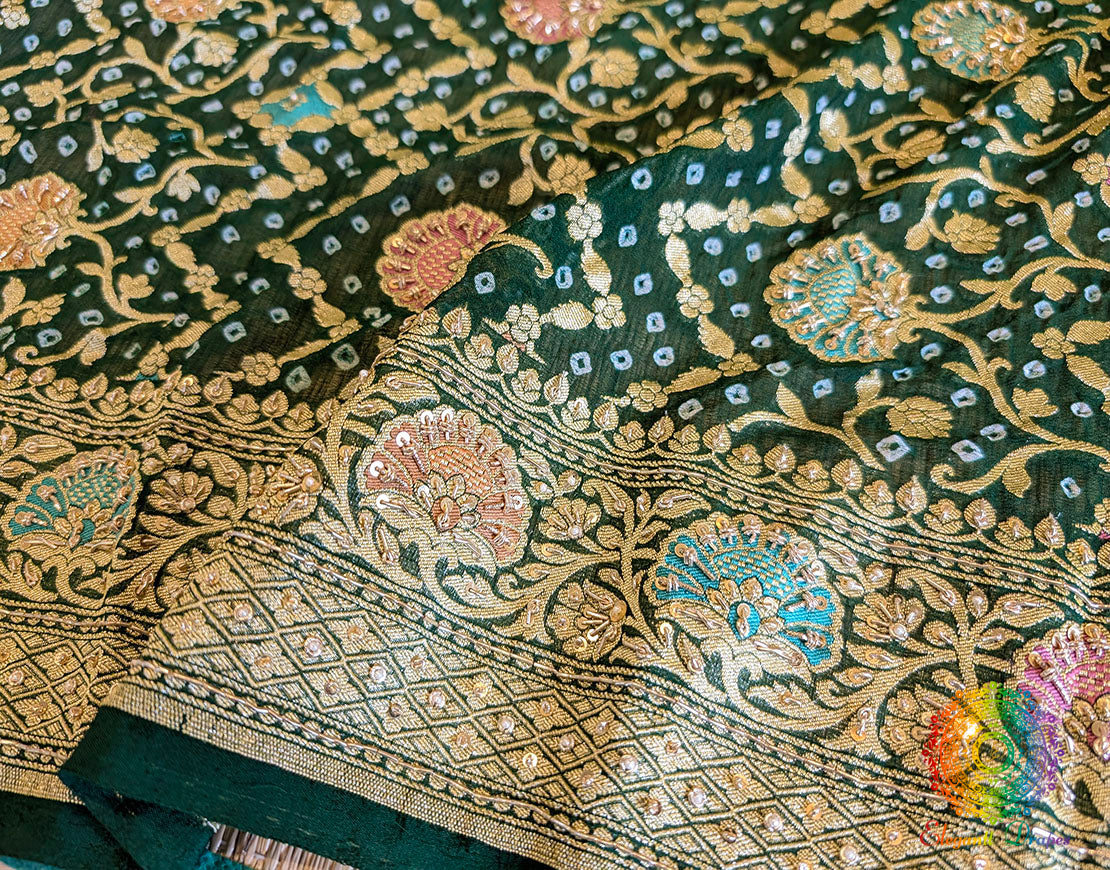 Green Bandhani Georgette Zardozi Embroidered Dupatta – Bandhani Saree Online India | Elegantt Drapes