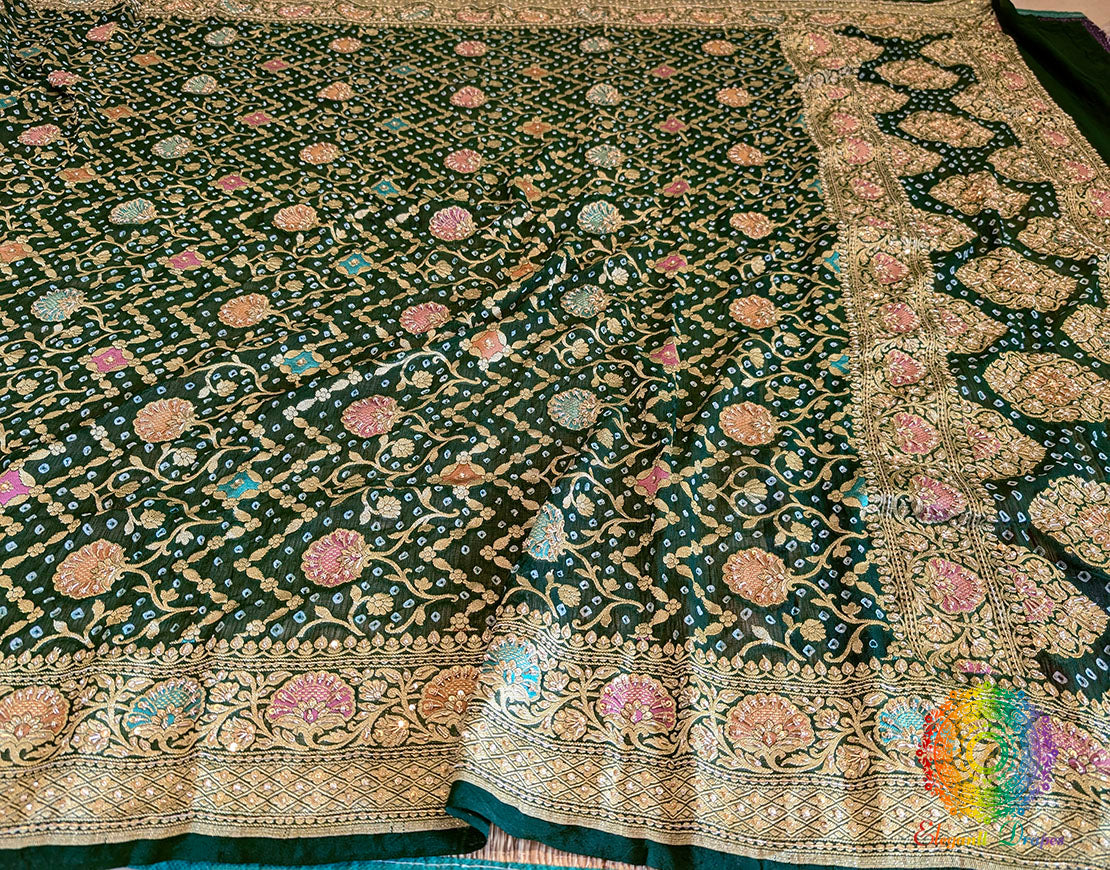 Green Bandhani Georgette Zardozi Embroidered Dupatta – Bandhani Saree Online India | Elegantt Drapes