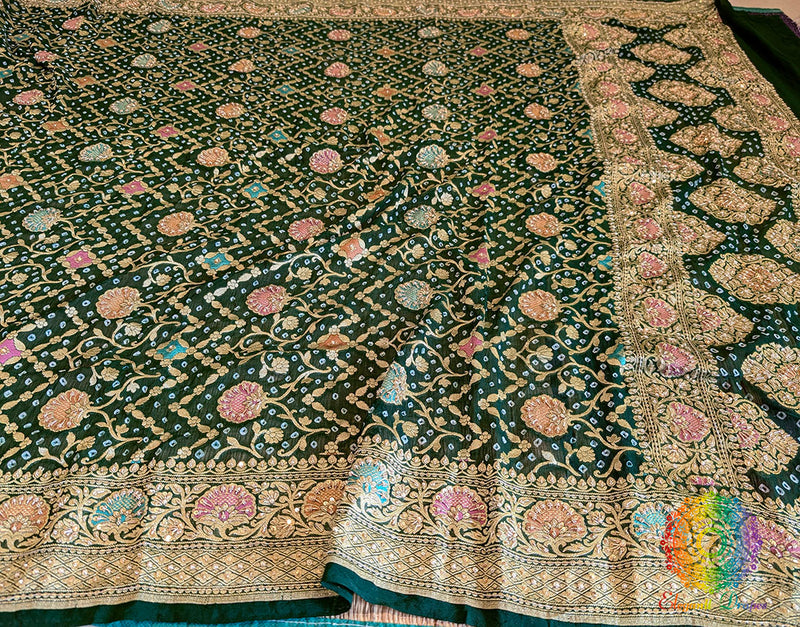 Green Bandhani Georgette Zardozi Embroidered Dupatta – Bandhani Saree Online India | Elegantt Drapes