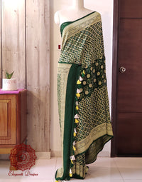 Deep Green Pure Banarasi Handloom Georgette Bandhani Saree – Bandhani Saree Online India | Elegantt Drapes