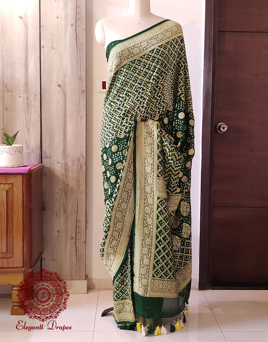 Deep Green Pure Banarasi Handloom Georgette Bandhani Saree – Bandhani Saree Online India | Elegantt Drapes
