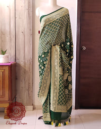 Deep Green Pure Banarasi Handloom Georgette Bandhani Saree – Bandhani Saree Online India | Elegantt Drapes