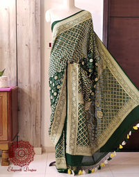 Deep Green Pure Banarasi Handloom Georgette Bandhani Saree – Bandhani Saree Online India | Elegantt Drapes