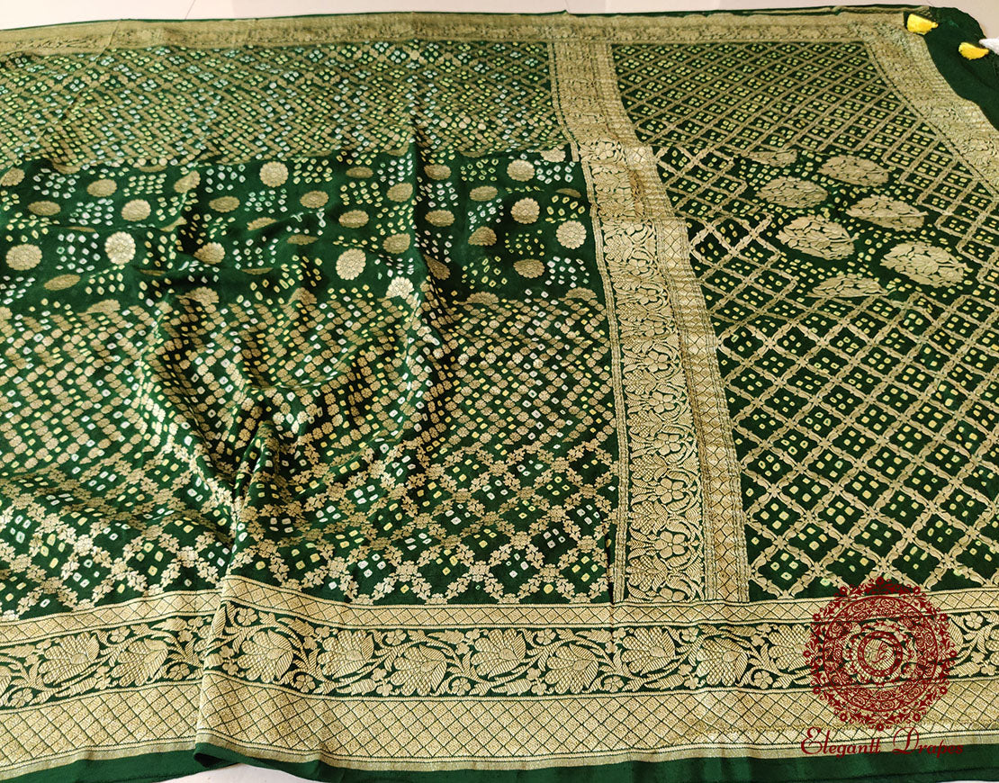 Deep Green Pure Banarasi Handloom Georgette Bandhani Saree – Bandhani Saree Online India | Elegantt Drapes