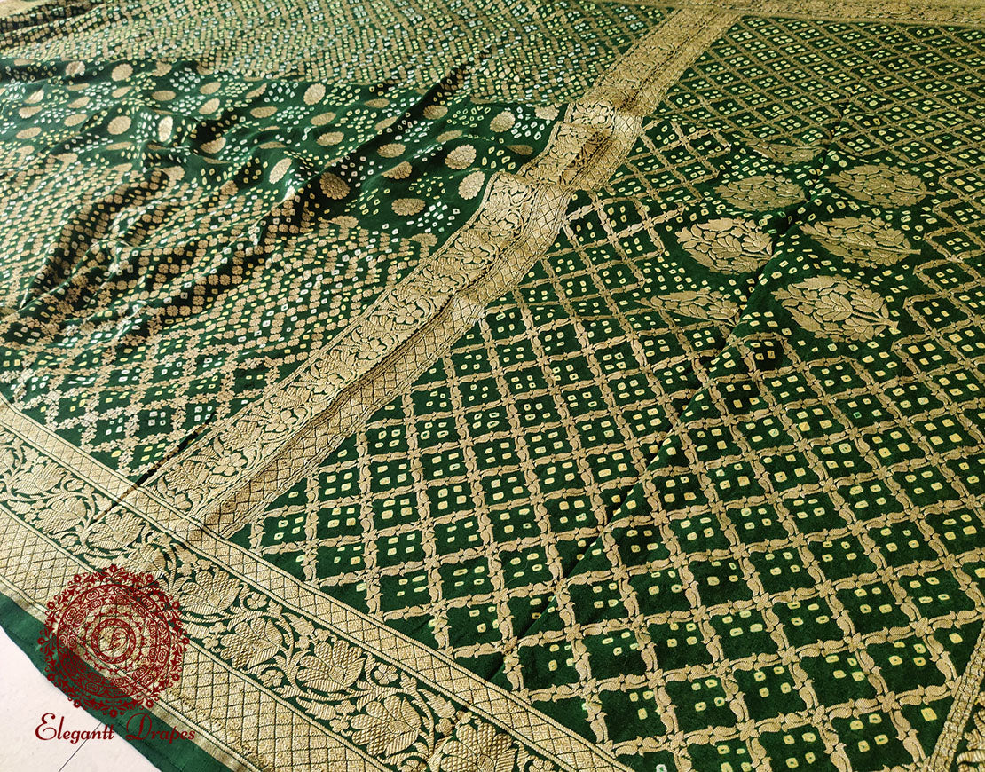 Deep Green Pure Banarasi Handloom Georgette Bandhani Saree – Bandhani Saree Online India | Elegantt Drapes