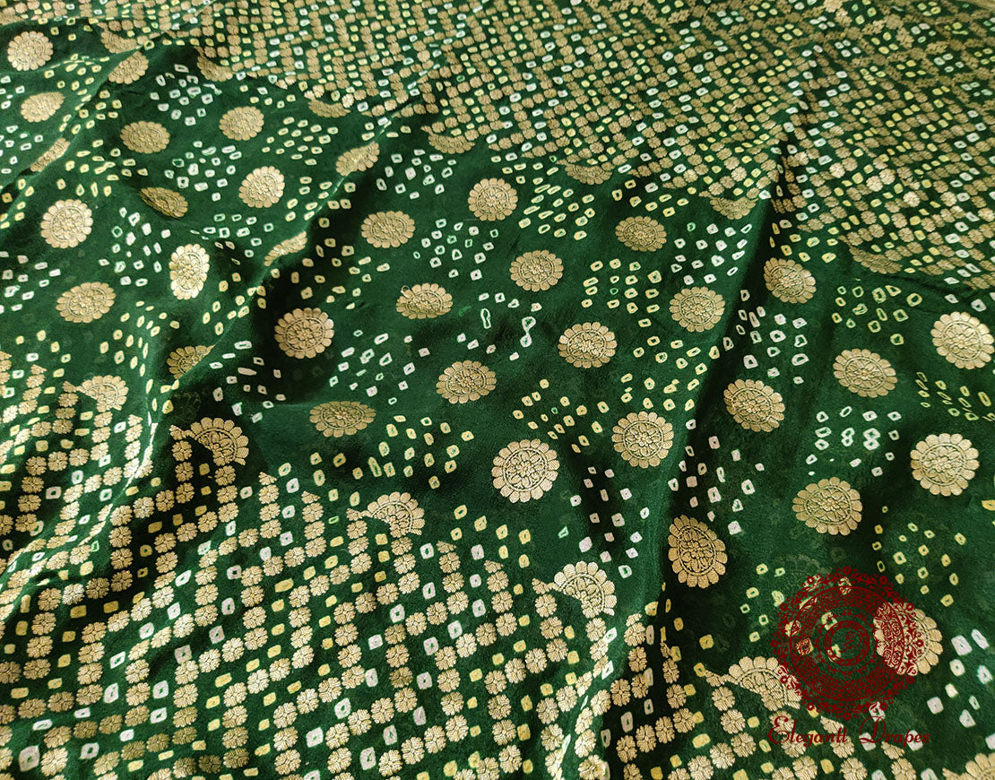 Deep Green Pure Banarasi Handloom Georgette Bandhani Saree – Bandhani Saree Online India | Elegantt Drapes
