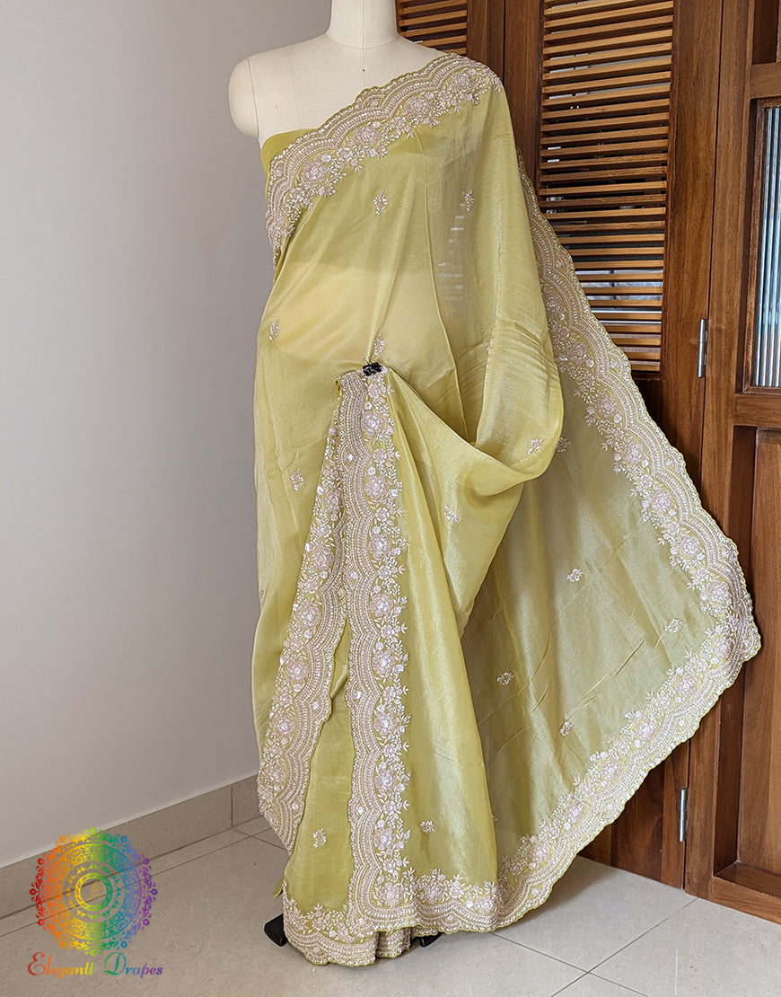 Green Tissue Organza Zardozi Handwork Saree – Handloom Saree Online India | Elegantt Drapes