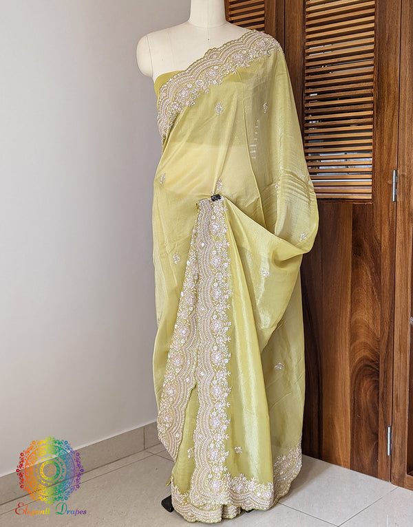 Green Tissue Organza Zardozi Handwork Saree – Handloom Saree Online India | Elegantt Drapes