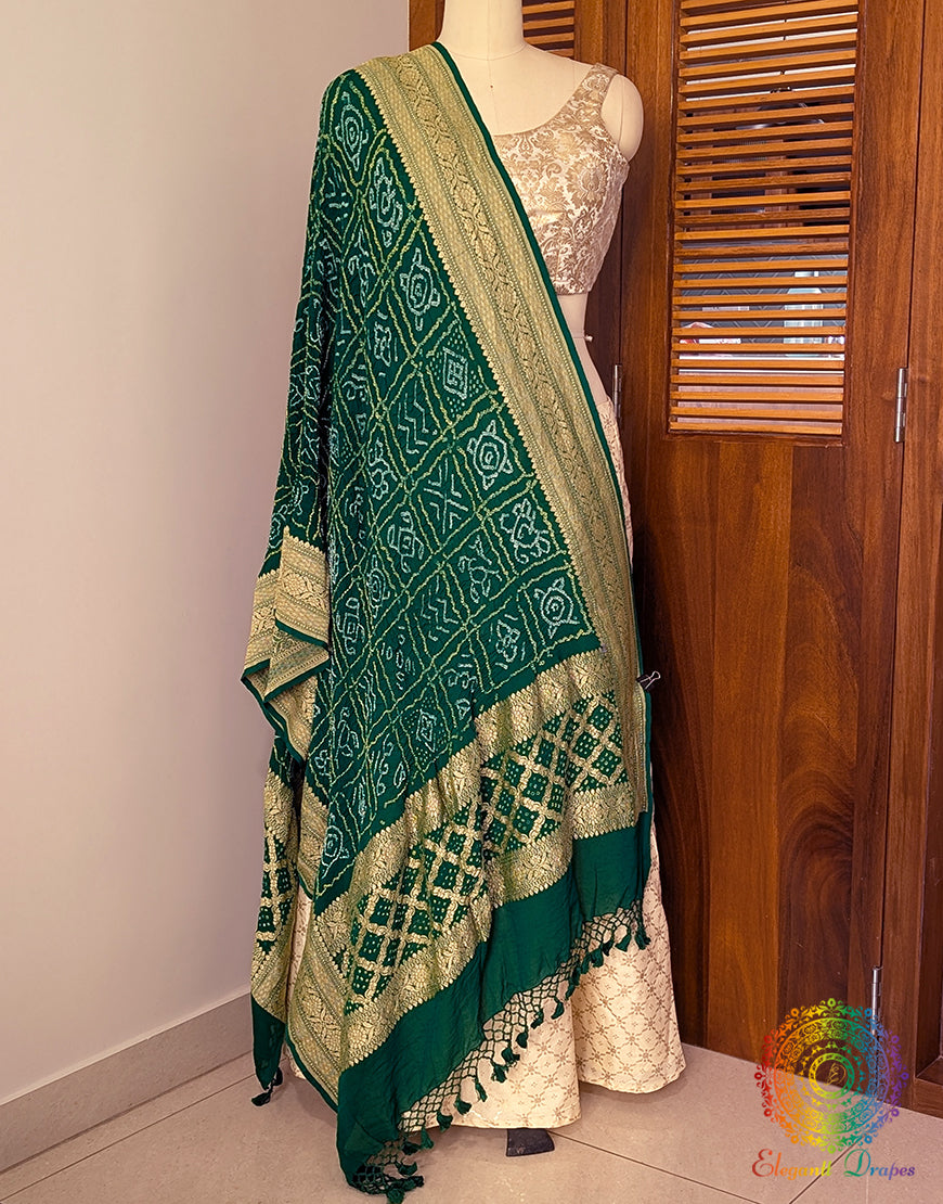 Green Banarasi Georgette Rai Bandhej Dupatta 2 – Bandhani Saree Online India | Elegantt Drapes
