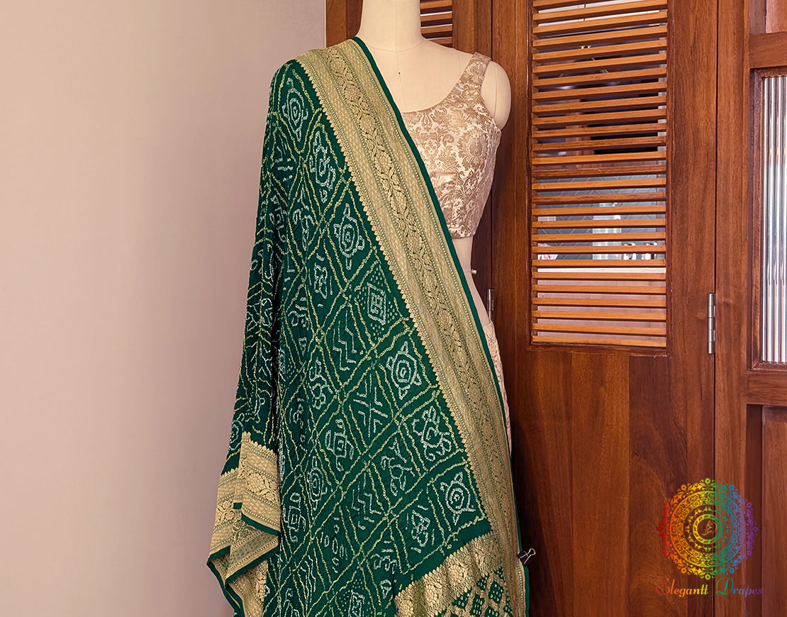 Green Banarasi Georgette Rai Bandhej Dupatta 2 – Bandhani Saree Online India | Elegantt Drapes