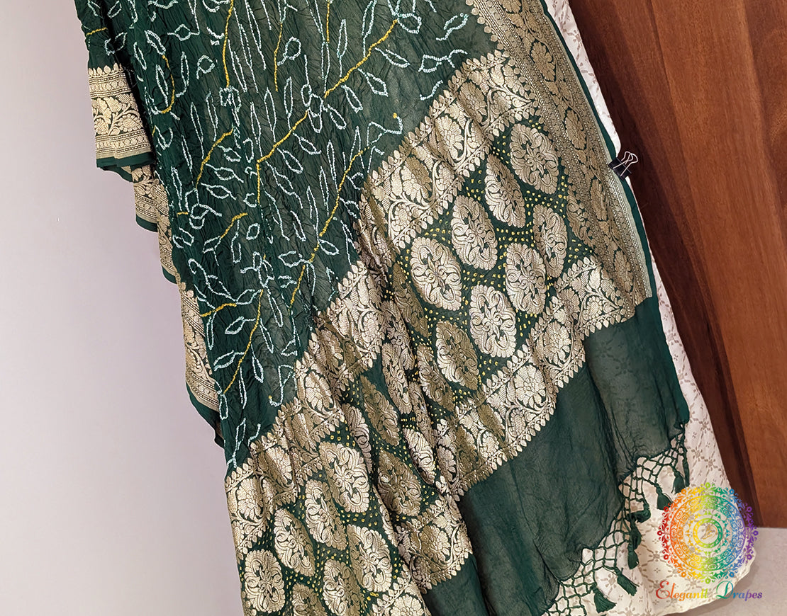 Green Banarasi Georgette Rai Bandhej Dupatta – Bandhani Saree Online India | Elegantt Drapes