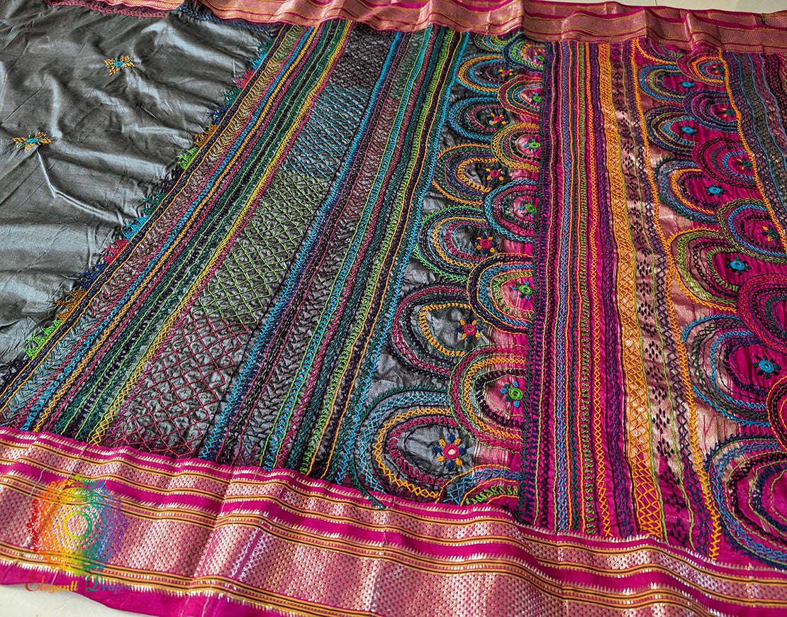 Grey Pure Ilkal Silk Lambani Handwork Saree – Ilkal Handloom Saree Online India | Elegantt Drapes