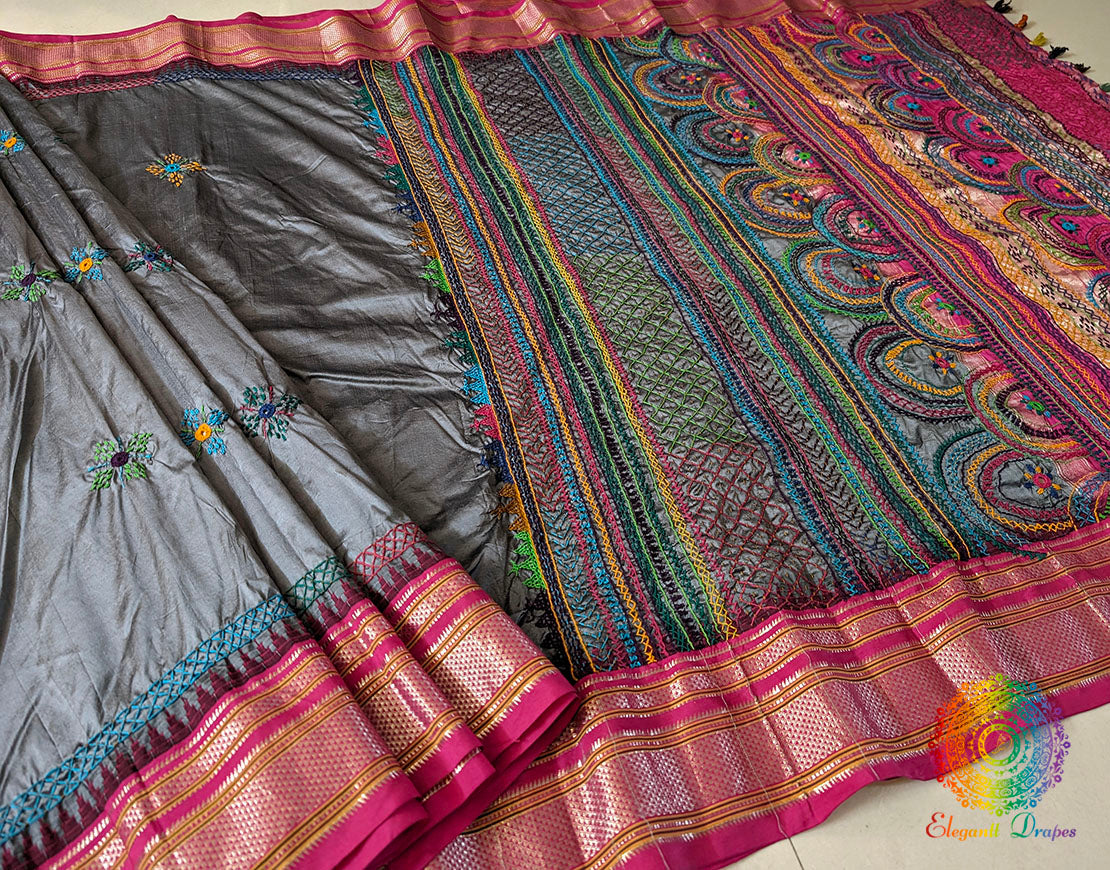 Grey Pure Ilkal Silk Lambani Handwork Saree – Ilkal Handloom Saree Online India | Elegantt Drapes