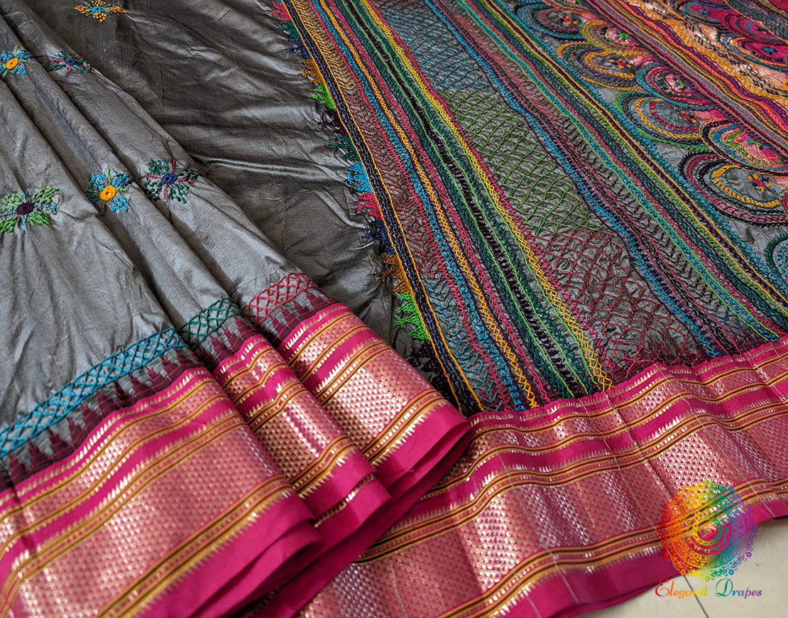 Grey Pure Ilkal Silk Lambani Handwork Saree – Ilkal Handloom Saree Online India | Elegantt Drapes