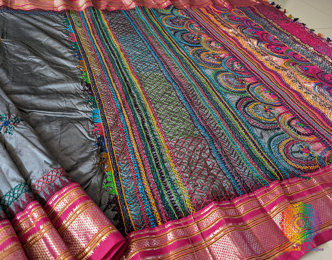 Grey Pure Ilkal Silk Lambani Handwork Saree – Ilkal Handloom Saree Online India | Elegantt Drapes