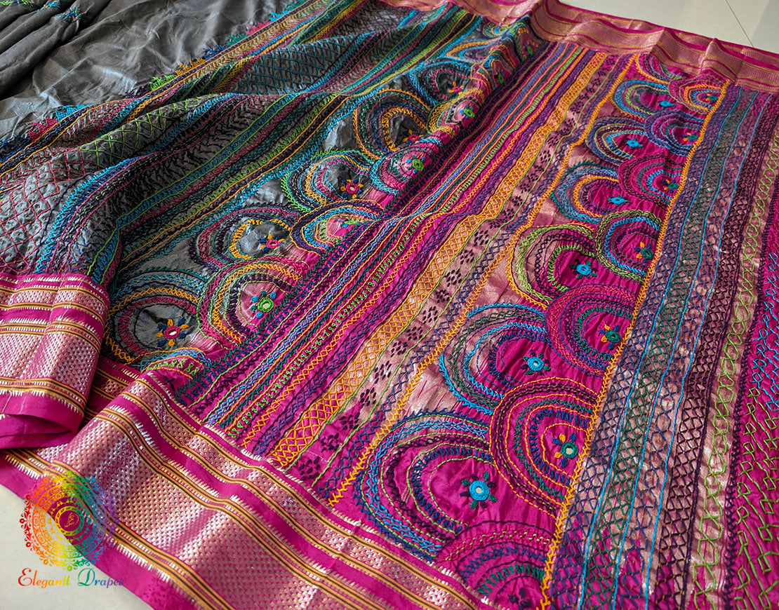 Grey Pure Ilkal Silk Lambani Handwork Saree – Ilkal Handloom Saree Online India | Elegantt Drapes