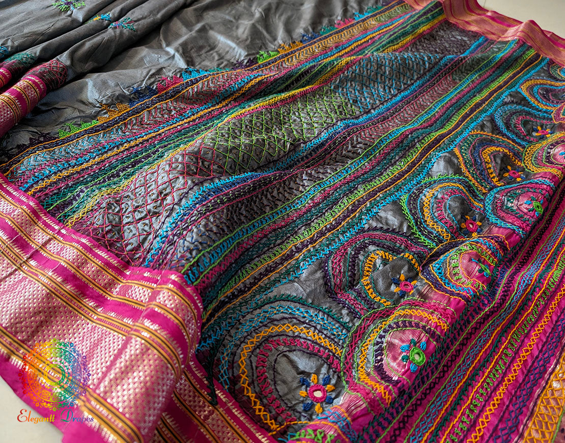 Grey Pure Ilkal Silk Lambani Handwork Saree – Ilkal Handloom Saree Online India | Elegantt Drapes