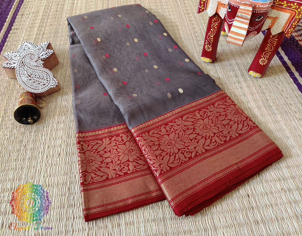Grey Red Pure Chanderi Handloom Katan Silk Saree – Handloom Saree Online India | Elegantt Drapes