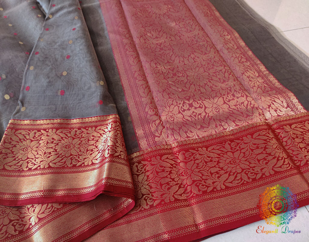 Grey Red Pure Chanderi Handloom Katan Silk Saree – Handloom Saree Online India | Elegantt Drapes
