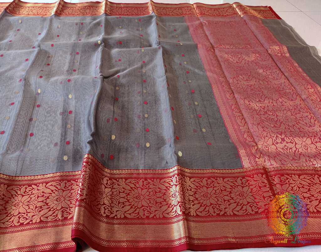 Grey Red Pure Chanderi Handloom Katan Silk Saree – Handloom Saree Online India | Elegantt Drapes
