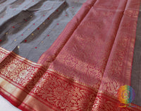 Grey Red Pure Chanderi Handloom Katan Silk Saree – Handloom Saree Online India | Elegantt Drapes