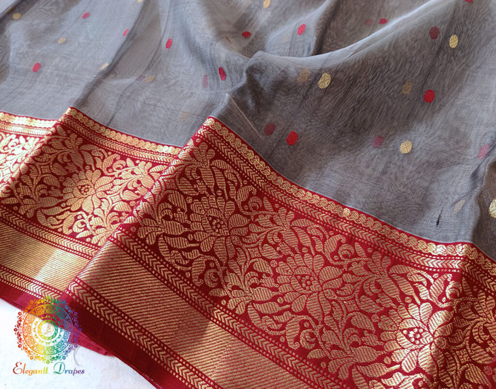 Grey Red Pure Chanderi Handloom Katan Silk Saree – Handloom Saree Online India | Elegantt Drapes