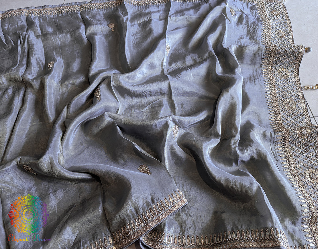 Grey Soft Silk Gota Patti Saree – Handloom Saree Online India | Elegantt Drapes