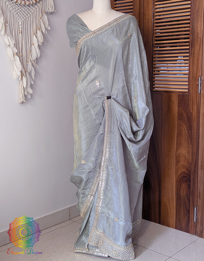 Grey Soft Silk Gota Patti Saree – Handloom Saree Online India | Elegantt Drapes
