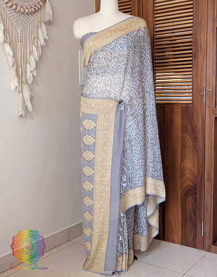 Grey Banarasi Pure Georgette Bandhani Saree – Bandhani Saree Online India | Elegantt Drapes