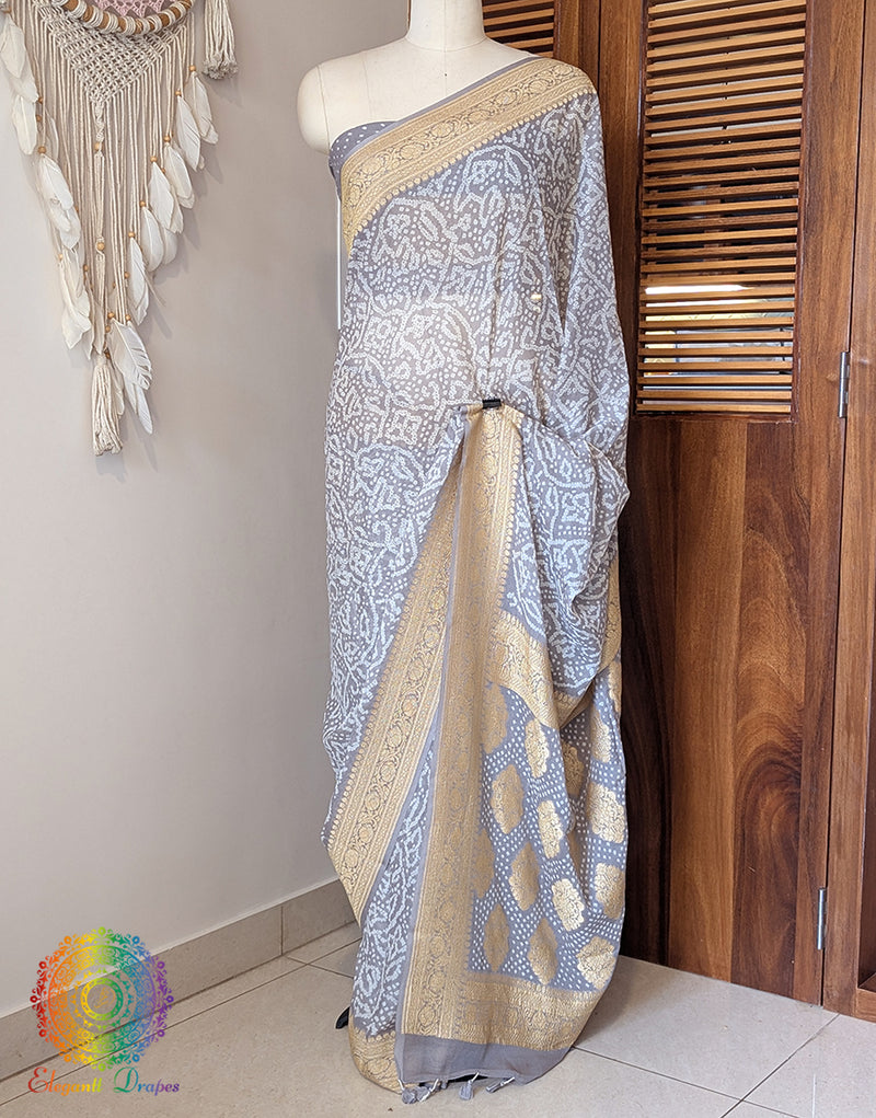 Grey Banarasi Pure Georgette Bandhani Saree – Bandhani Saree Online India | Elegantt Drapes