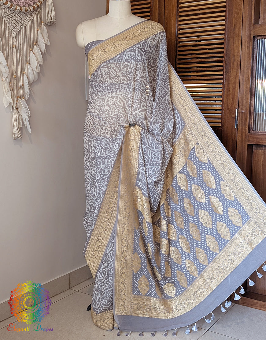 Grey Banarasi Pure Georgette Bandhani Saree – Bandhani Saree Online India | Elegantt Drapes