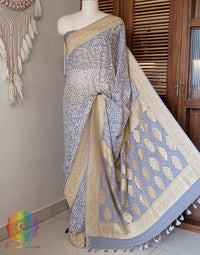 Grey Banarasi Pure Georgette Bandhani Saree – Bandhani Saree Online India | Elegantt Drapes