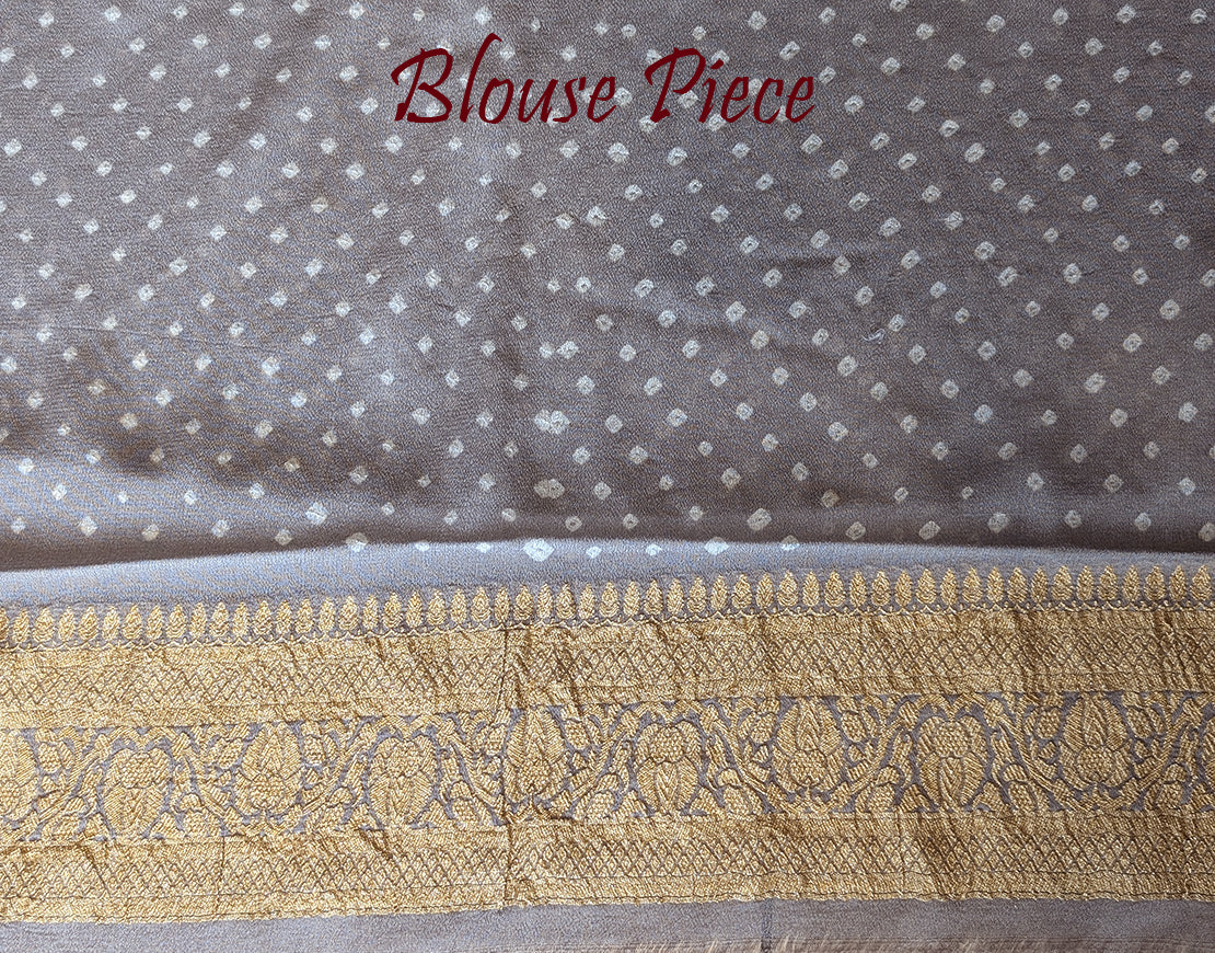 Grey Banarasi Pure Georgette Bandhani Saree – Bandhani Saree Online India | Elegantt Drapes