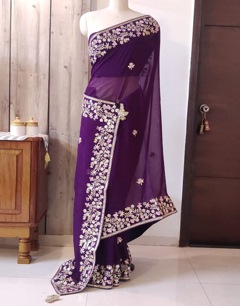 Brinjal Pure Organza Gota Patti Dabka Handwork Saree – Handloom Saree Online India | Elegantt Drapes