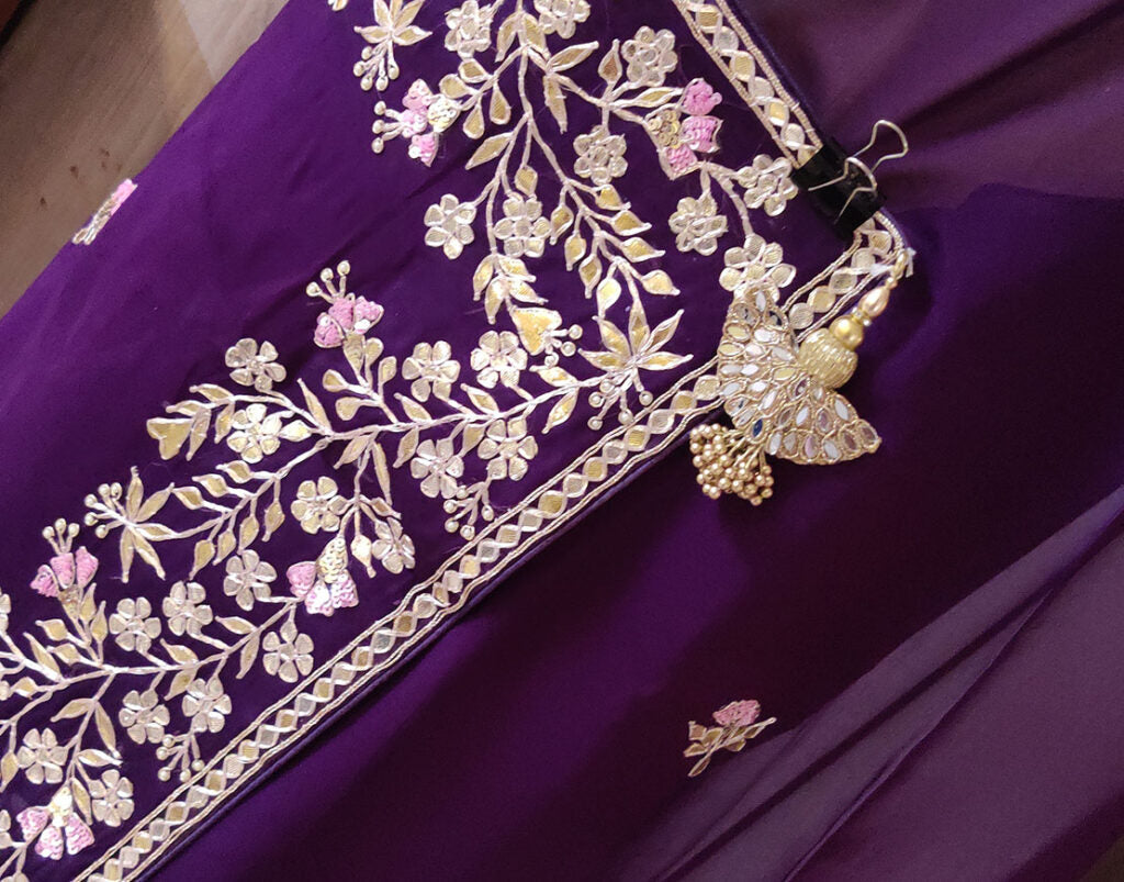 Brinjal Pure Organza Gota Patti Dabka Handwork Saree – Handloom Saree Online India | Elegantt Drapes