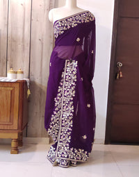 Brinjal Pure Organza Gota Patti Dabka Handwork Saree – Handloom Saree Online India | Elegantt Drapes