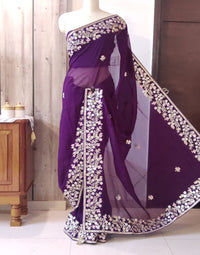Brinjal Pure Organza Gota Patti Dabka Handwork Saree – Handloom Saree Online India | Elegantt Drapes