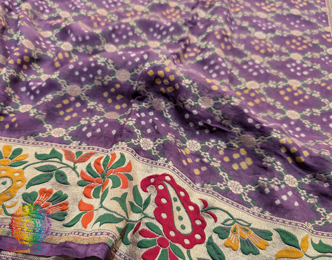 Lavender Pure Banarasi Georgette Meenakari Bandhani Saree – Bandhani Saree Online India | Elegantt Drapes