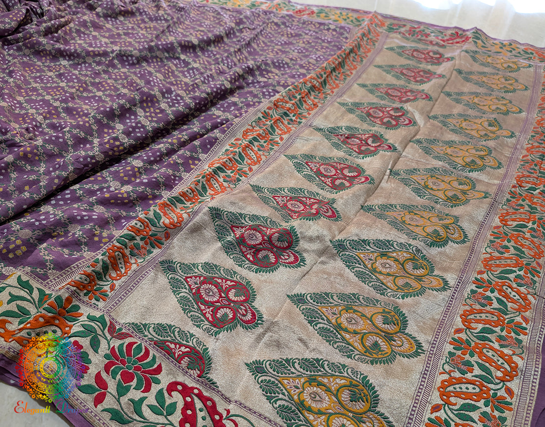 Lavender Pure Banarasi Georgette Meenakari Bandhani Saree – Bandhani Saree Online India | Elegantt Drapes
