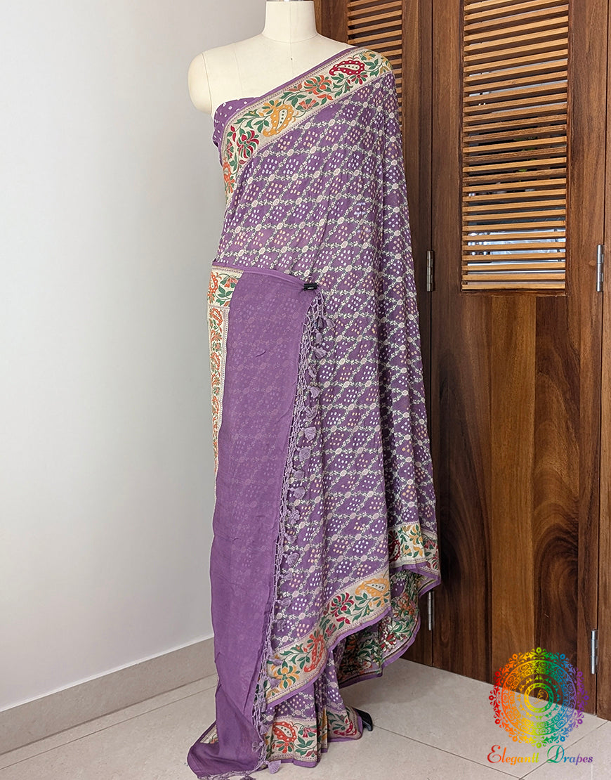 Lavender Pure Banarasi Georgette Meenakari Bandhani Saree – Bandhani Saree Online India | Elegantt Drapes