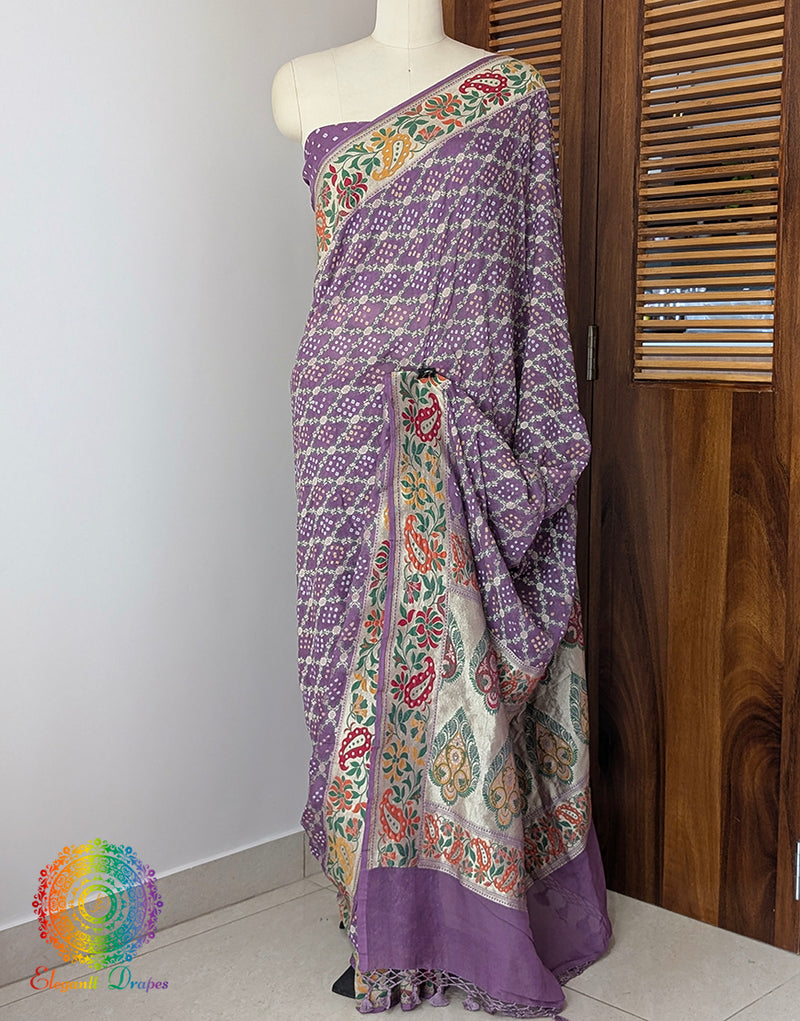 Lavender Pure Banarasi Georgette Meenakari Bandhani Saree – Bandhani Saree Online India | Elegantt Drapes