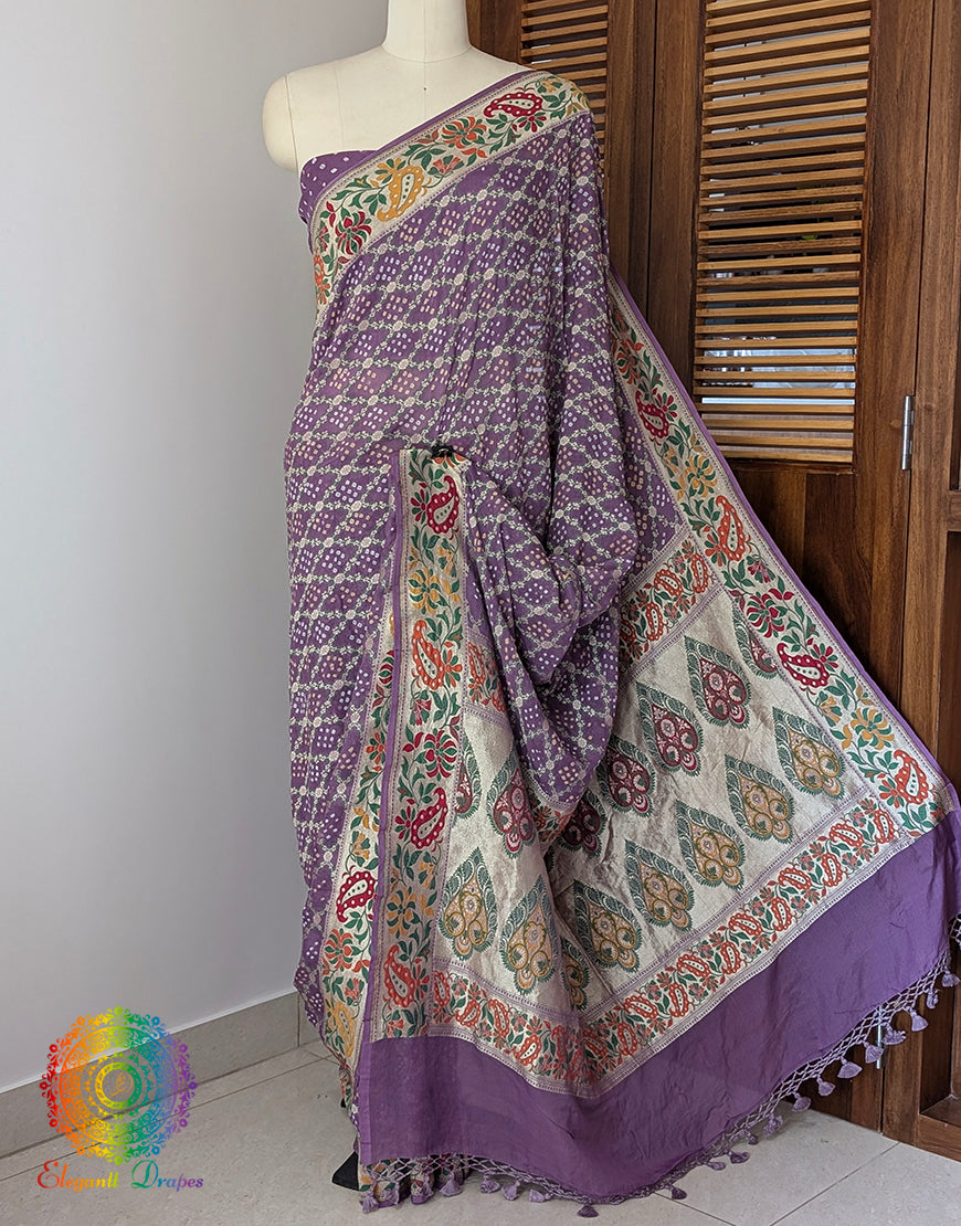 Lavender Pure Banarasi Georgette Meenakari Bandhani Saree – Bandhani Saree Online India | Elegantt Drapes