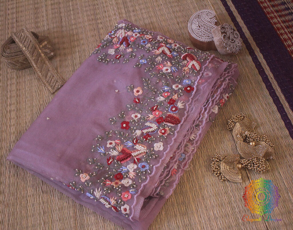 Lilac Pure Organza Silk Hand Embroidered Saree – Handloom Saree Online India | Elegantt Drapes