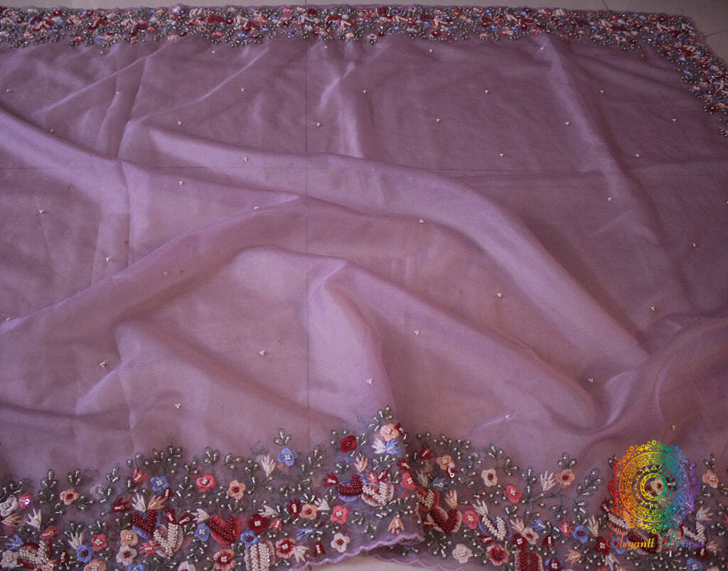 Lilac Pure Organza Silk Hand Embroidered Saree – Handloom Saree Online India | Elegantt Drapes