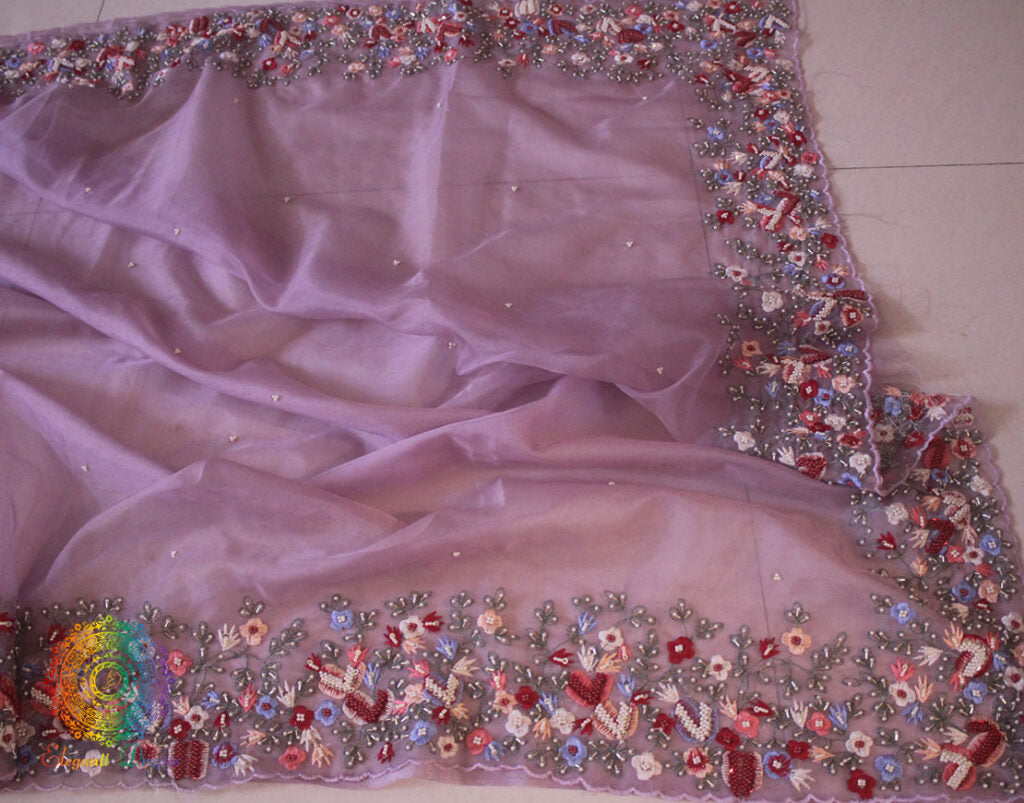Lilac Pure Organza Silk Hand Embroidered Saree – Handloom Saree Online India | Elegantt Drapes