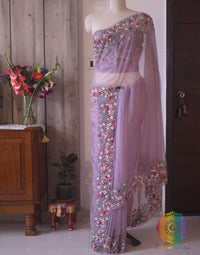Lilac Pure Organza Silk Hand Embroidered Saree – Handloom Saree Online India | Elegantt Drapes