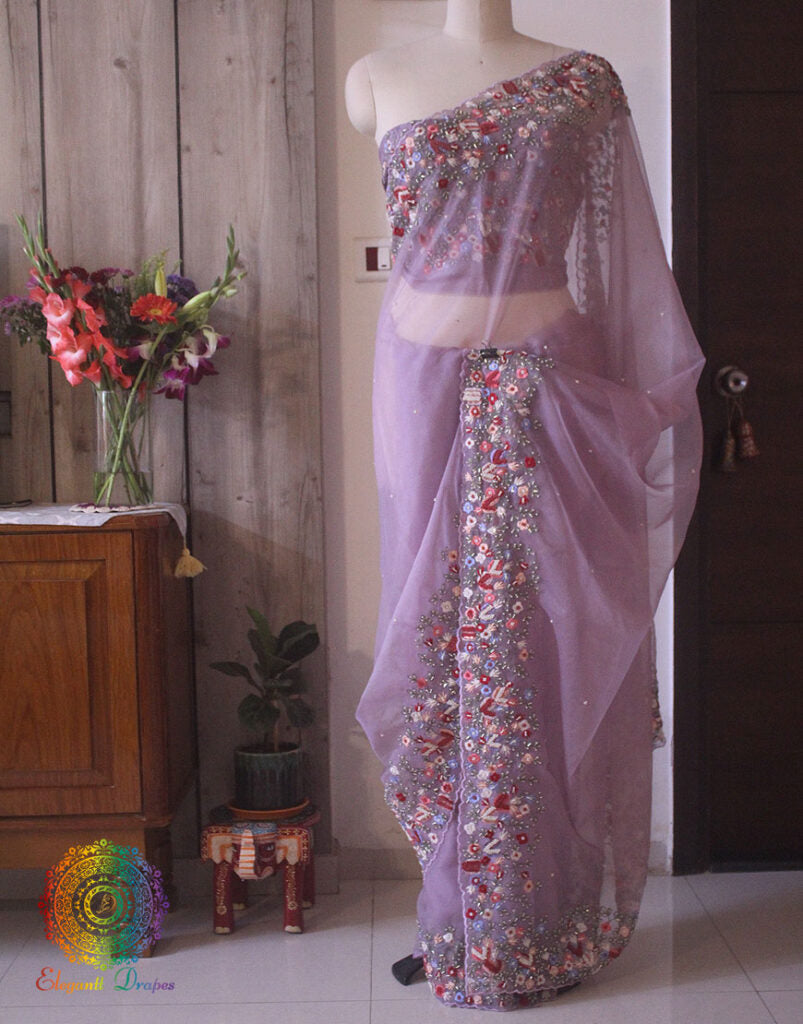 Lilac Pure Organza Silk Hand Embroidered Saree – Handloom Saree Online India | Elegantt Drapes