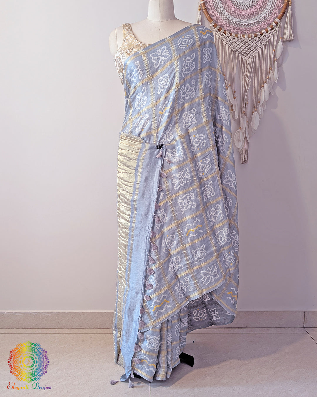 Pale Grey Pure Gaji Silk Bandhani Gharchola Saree – Bandhani Saree Online India | Elegantt Drapes