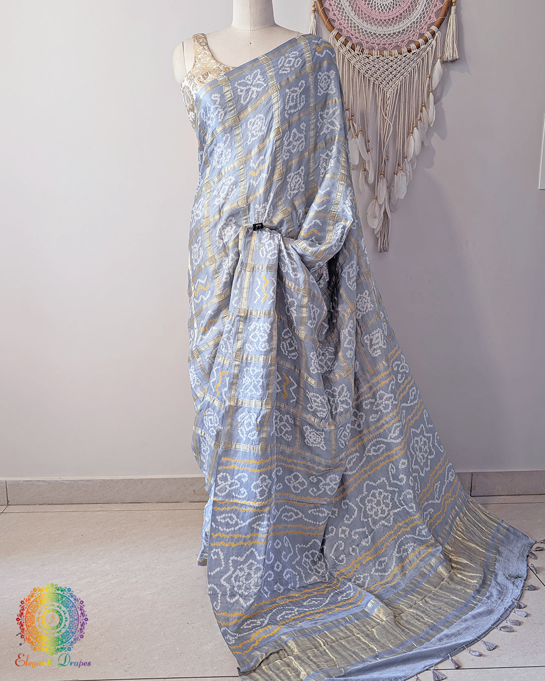 Pale Grey Pure Gaji Silk Bandhani Gharchola Saree – Bandhani Saree Online India | Elegantt Drapes