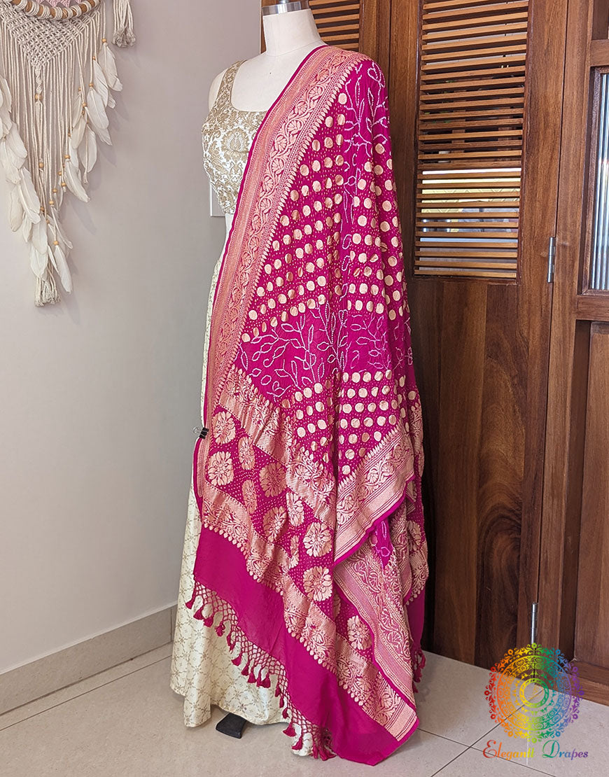 Pink Banarasi Georgette Rai Bandhej Dupatta – Bareek Bandhani – Bandhani Saree Online India | Elegantt Drapes